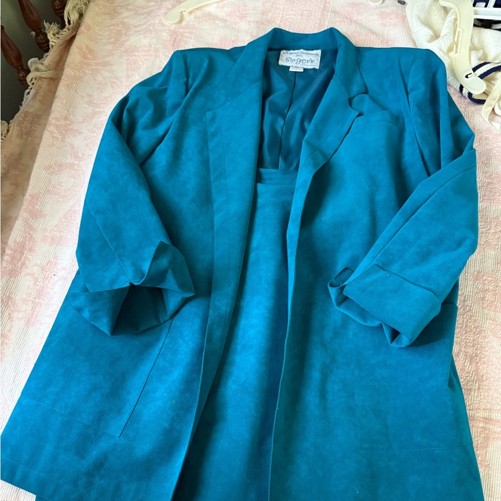 Vintage teal Blazer Classic Tailored Suit Jacket and Skirt
